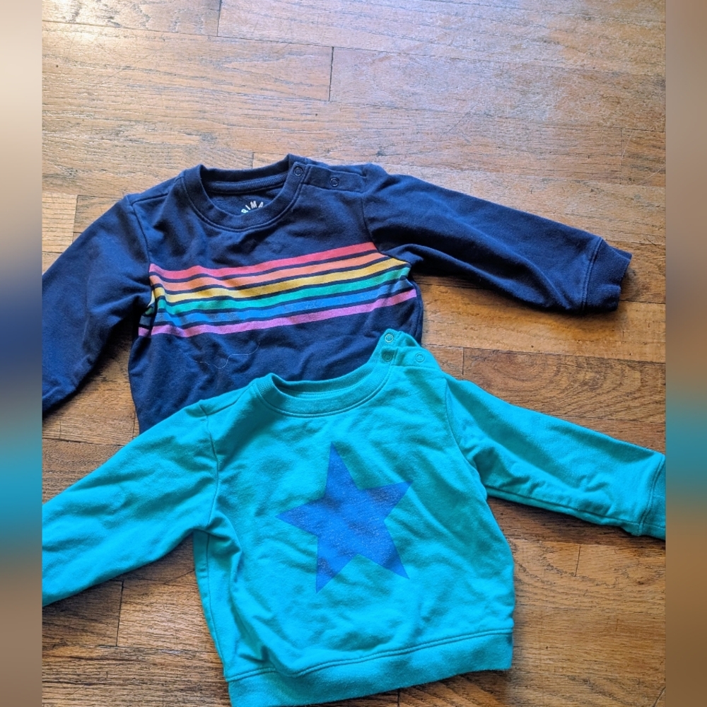 Primary Navy Rainbow Stripe and Teal Star Sweatshirts